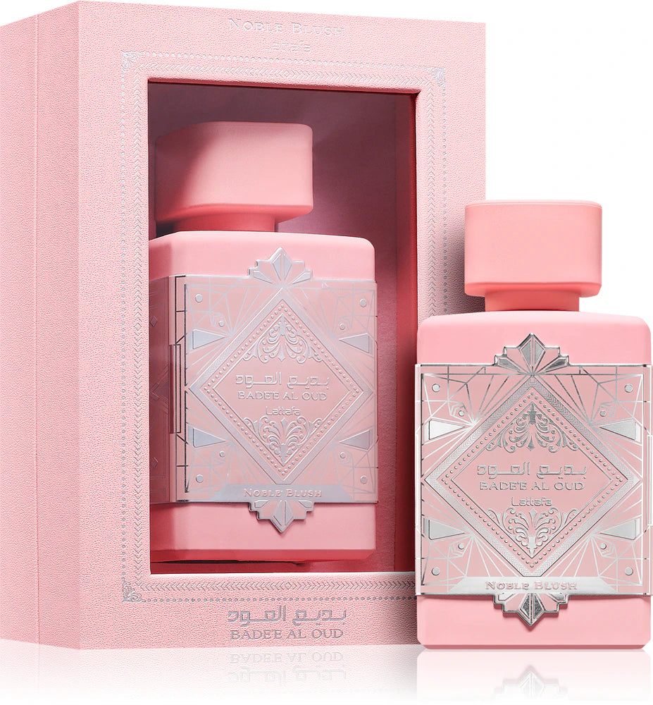 Lattafa Badee Al Oud Noble Blush Eau de Parfum, fragancia floral ambarada con rosa y vainilla, disponible en Kheprys Fragrance
