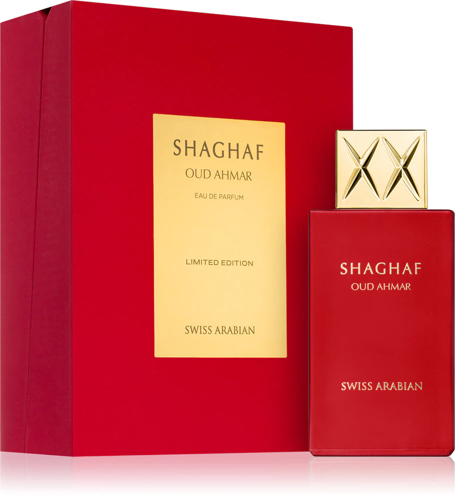 Shaghaf Oud Ahmar de Swiss Arabian, perfume unisex frutal ambarado con oud, 75 ml, en Kheprys Fragrance