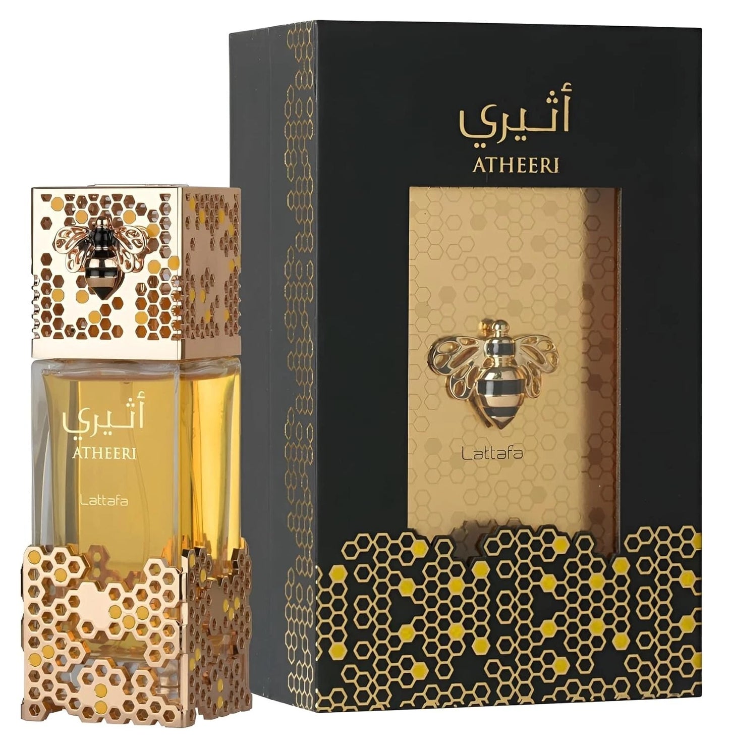 Lattafa Atheeri Eau de Parfum, fragancia oriental ambarada con toques florales y vainilla, disponible en Kheprys Fragrance