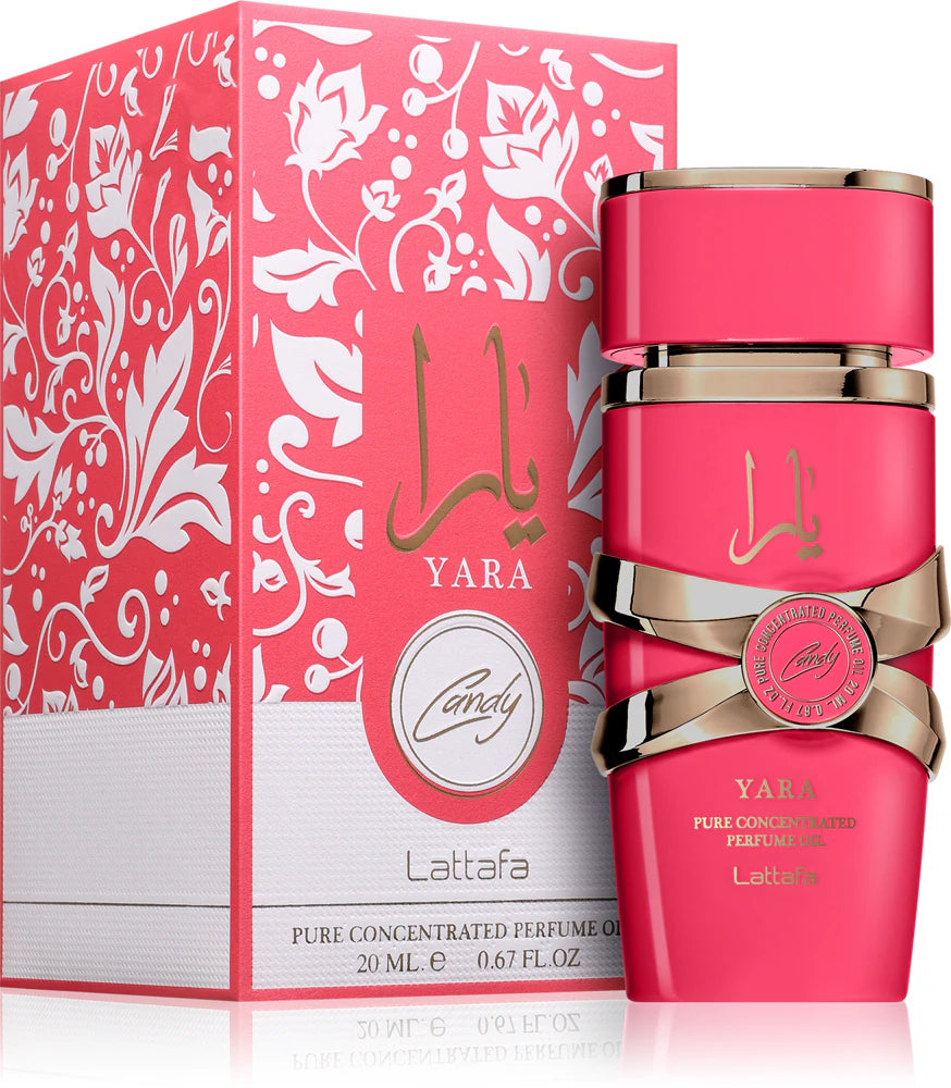 Lattafa Yara Candy Eau de Parfum, fragancia gourmand de fresa, caramelo y vainilla, disponible en Kheprys Fragrance