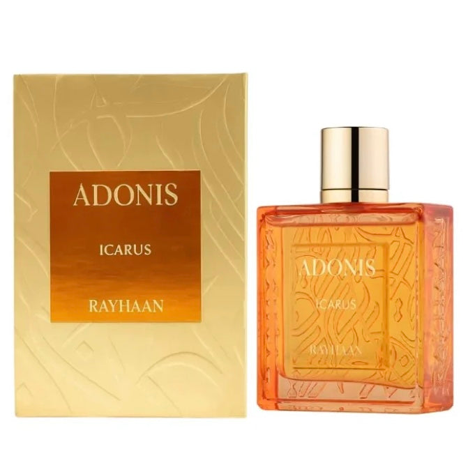 Rayhaan Adonis Icarus Eau de Parfum, fragancia oriental amaderada con toques de cuero y ámbar, disponible en Kheprys Fragrance