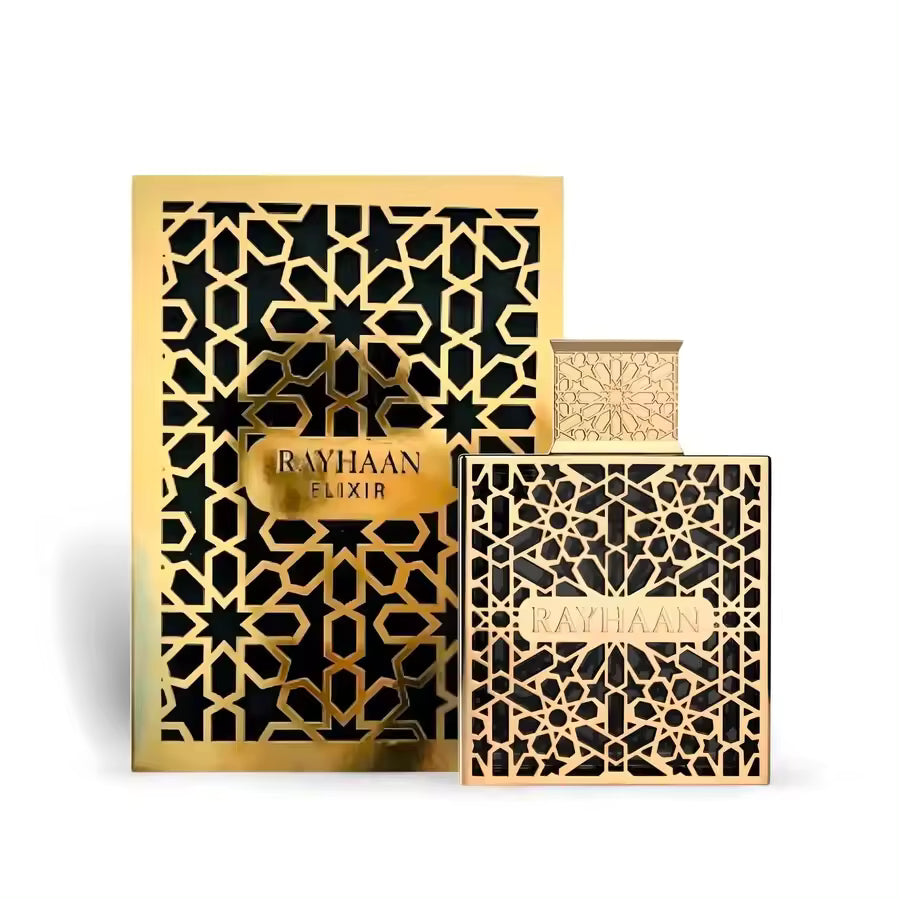 Rayhaan Elixir Eau de Parfum Unisex, fragancia oriental ambarada con oud, vainilla y ámbar, disponible en Kheprys Fragrance