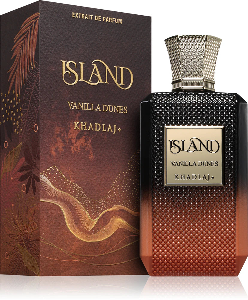 Khadlaj Island Vanilla Dunes Eau de Parfum Unisex, fragancia oriental gourmand con vainilla, ámbar y sándalo, disponible en Kheprys Fragrance